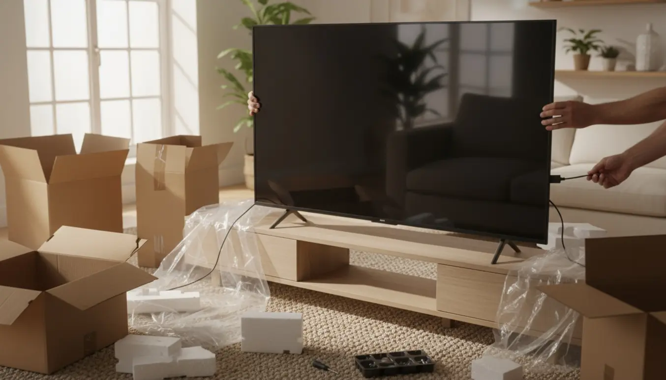 Ny fladskærm pakkes ud og får monteret fod på et TV-bord i en lys stue.