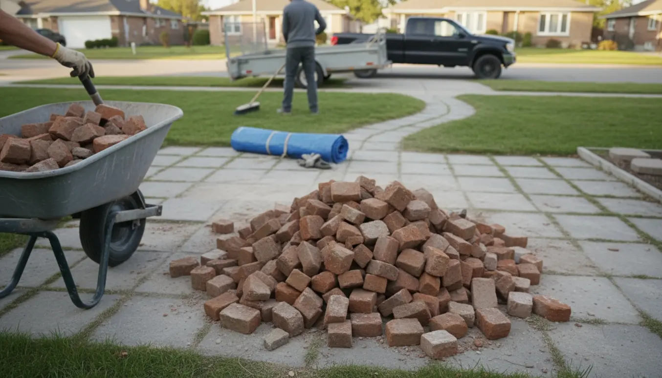 Mursten og murbrokker læsses i en trillebør på en havegang med trailer klar ved vejen.