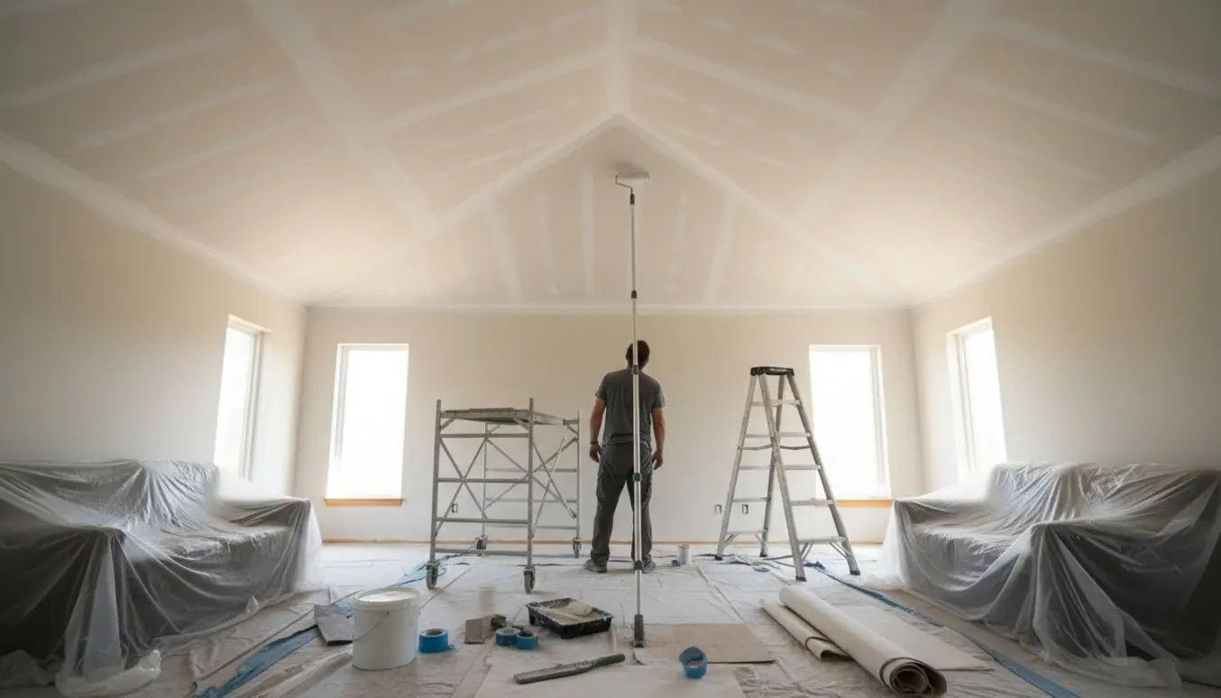 Nymalet gipsloft i et lyst, rummeligt rum med en maler på stige, der ruller hvid maling op til kip.