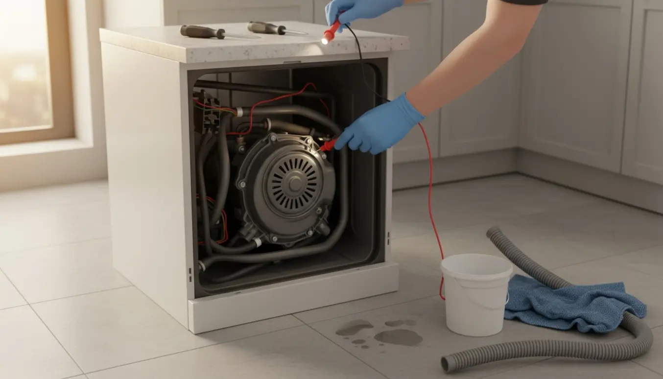 Tekniker inspicerer opvaskemaskinens afløbspumpe med multimeter og lommelygte i et moderne køkken.