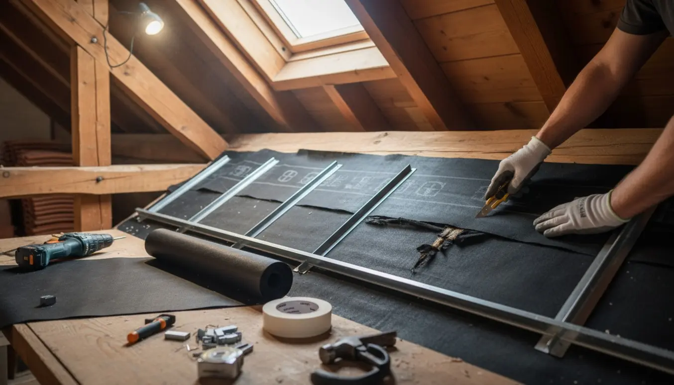 Tømrer reparerer revnet undertag i et loft ved at lægge ny underlagsmembran og arbejde med værktøj.