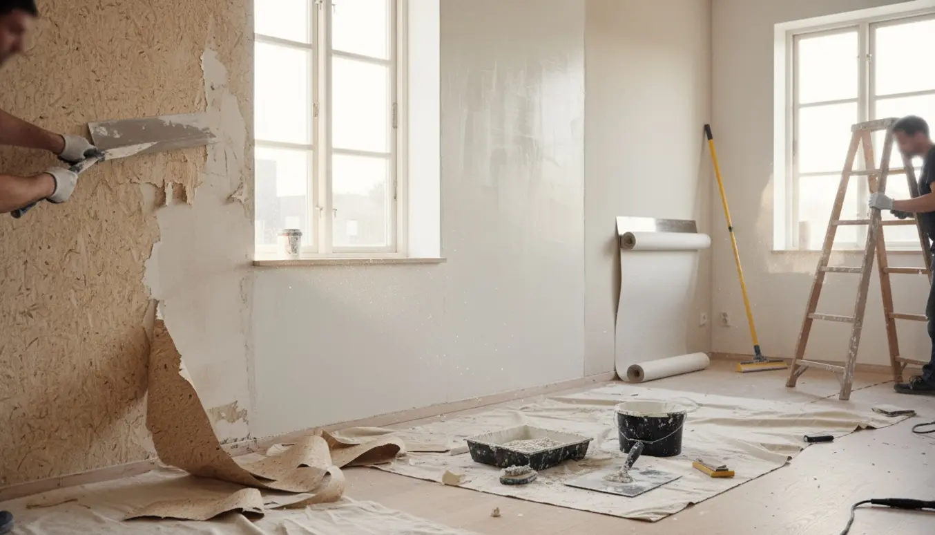 Renovering af lejlighedsvæg med fjernet savsmuldstapet, fuldspartlet overflade og filt klar til opsætning.