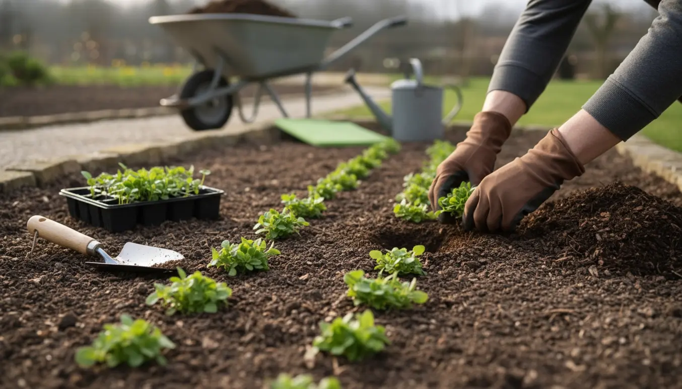 Nærbillede af hænder, der planter bunddækkeplanter i mørk, nyoprydnet jord i et havebed.