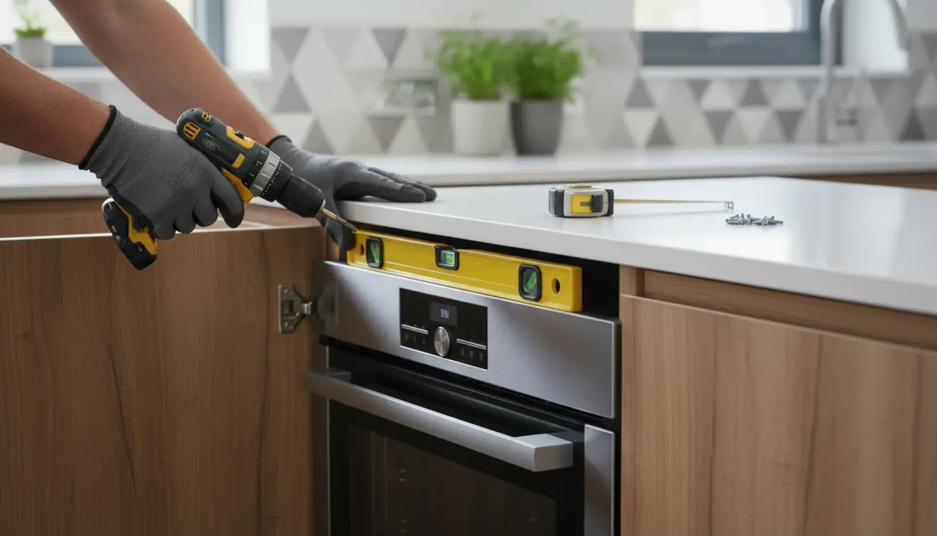 Hænder i handsker monterer en indbygningsovn i et færdigt køkkenskab med boremaskine og vaterpas.