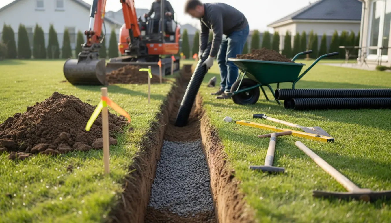 Lang, smal rende i en have til afløbsrør med PVC-rør, grus og graverværktøj.