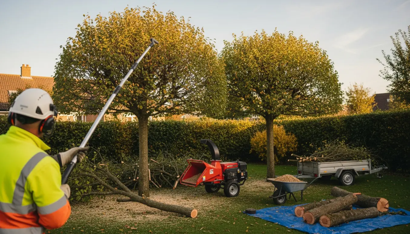 Topkapning af to træer med arbejdsmands ryg, værktøj og stabler afskårne grene klar til bortskaffelse.