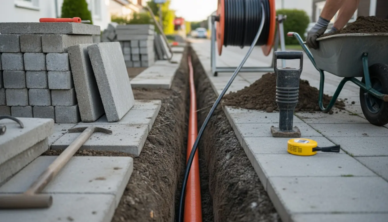 Ny internetkabel graves ned under fjernede 60x60 betonfliser med kabeltromle og værktøj ved siden af.