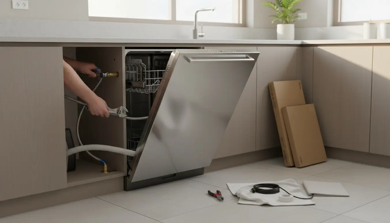 Ny opvaskemaskine monteres i et køkken, hvor hænder tilslutter vand- og afløbsslanger under bordpladen.