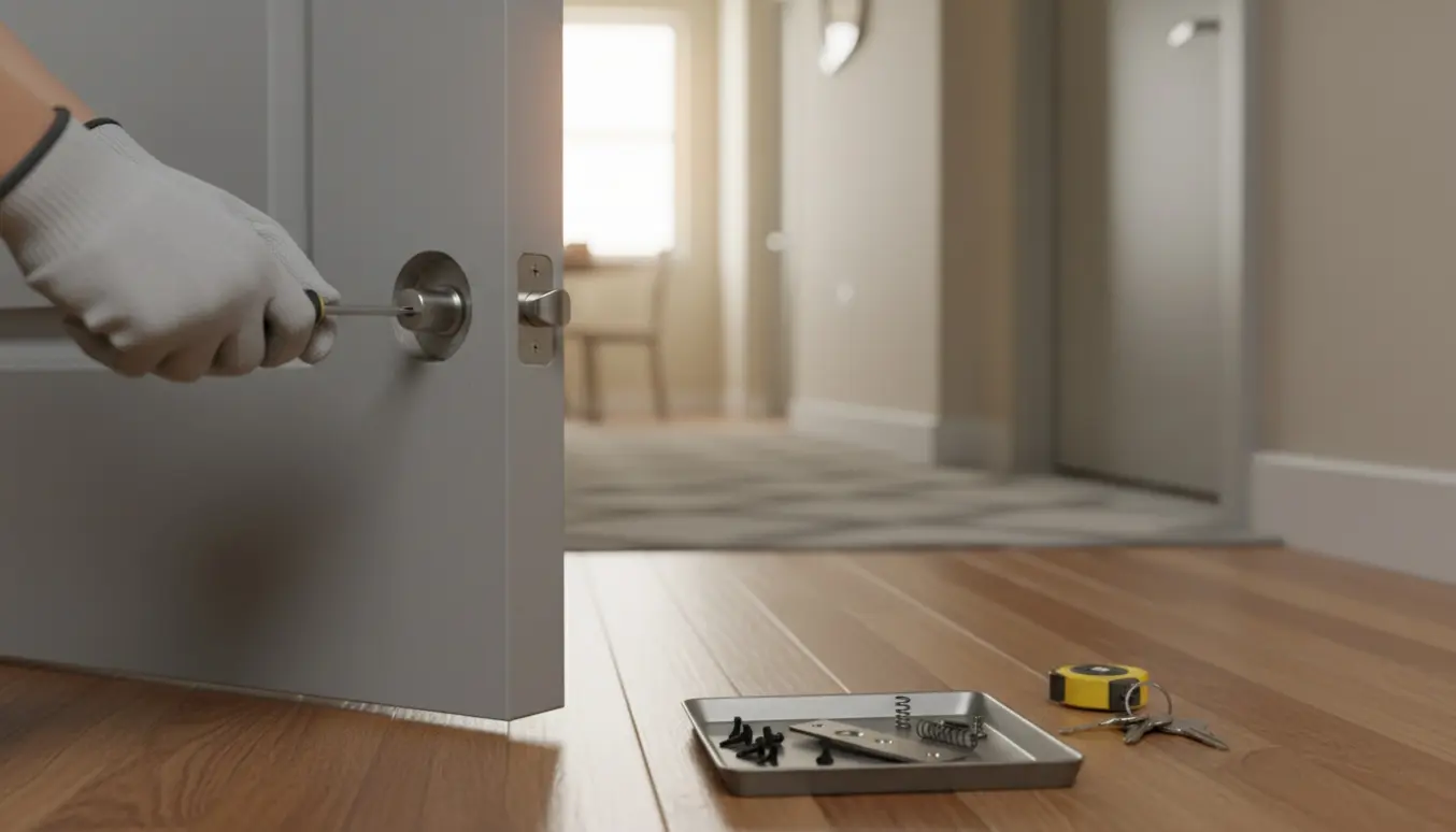 Nærbillede af hænder, der monterer en ny låsecylinder i en lejlighedsdør med værktøj og reservedele på en bakke.
