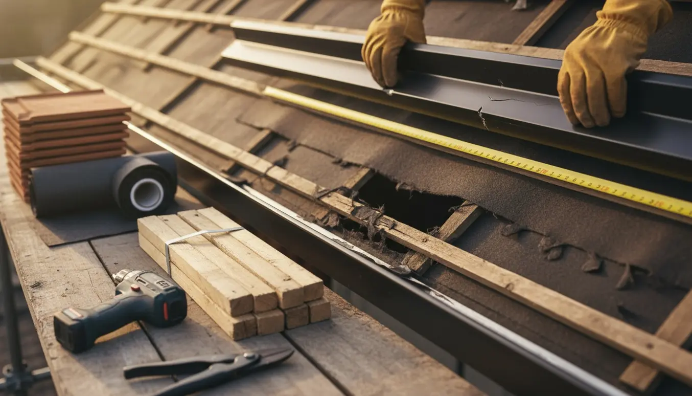 Nærbillede af beskadiget undertag og utætte tagrender med værktøj klar til udskiftning.