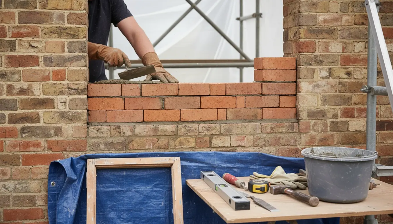 En murer murer en tidligere vinduesåbning til med friske mursten og mørtel, med værktøj og materialer ved siden af.