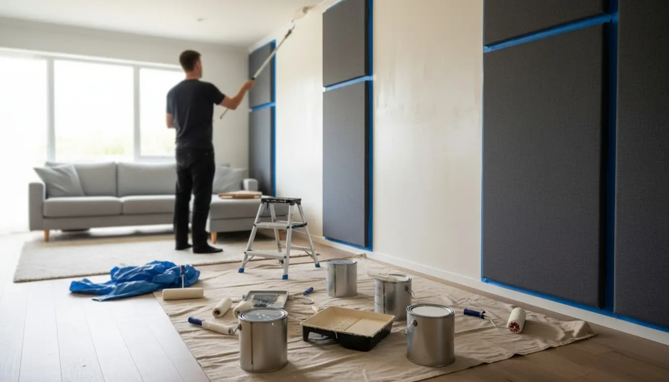 En maler ruller hvid maling på loftvæggen i en lys stue, med to akustikpaneler afdækket og malerudstyr i forgrunden.
