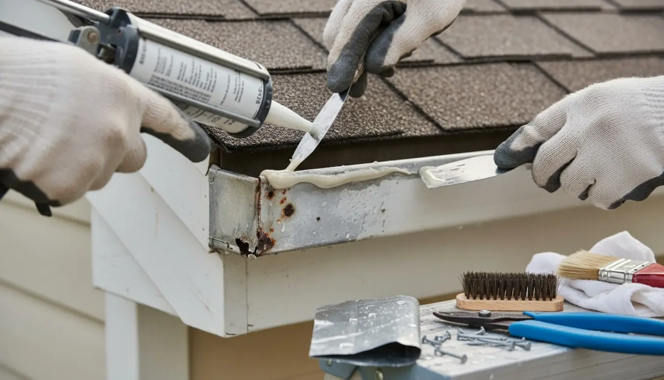 Nærbillede af et tagrendehjørne med små huller, hvor en handskeklædt hånd påfører fuge fra en stige.