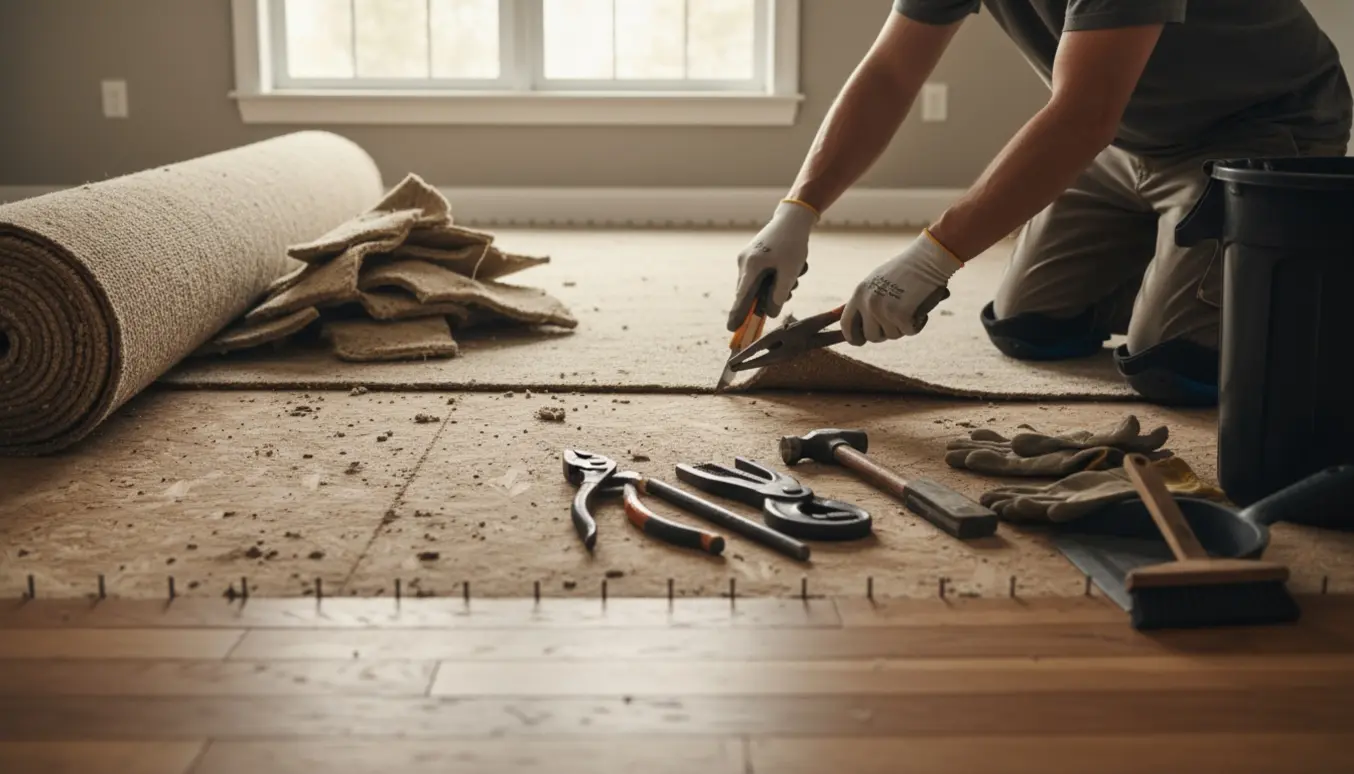 Afmontering af væg-til-væg gulvtæppe med hænder og værktøj, hvor undergulvet synligt afsløres.