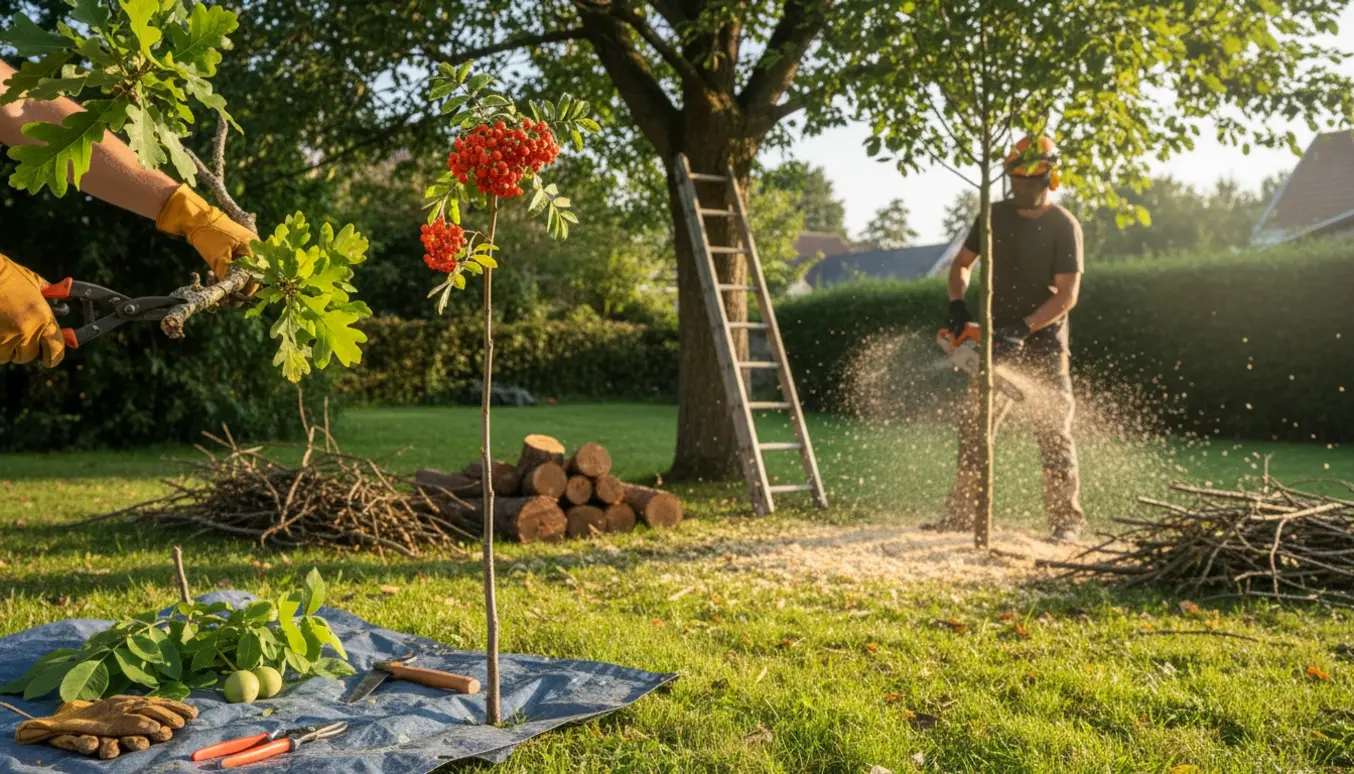 Beskæring og fældning af egetræ, nøddetræ og røn i en solbeskinnet have med værktøj og afskårne grene.