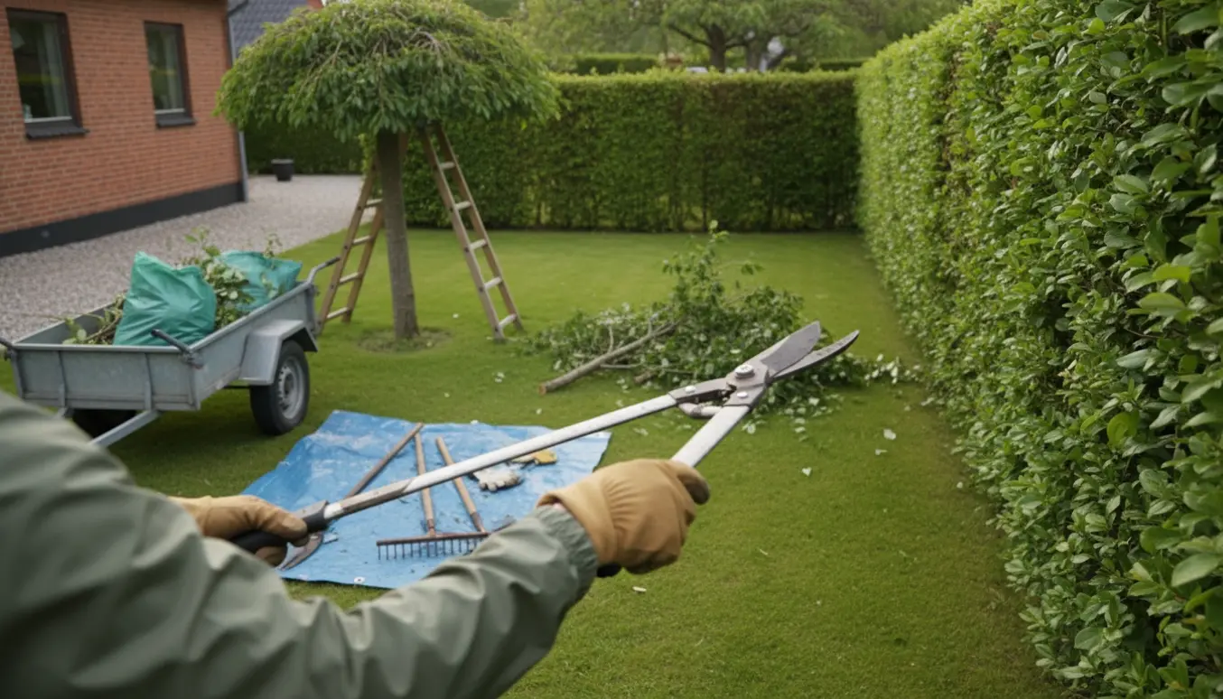 En gartner beskjærer hække og små træer ved skellet i en Hellerup-have med grene og trailer klar til bortkørsel.