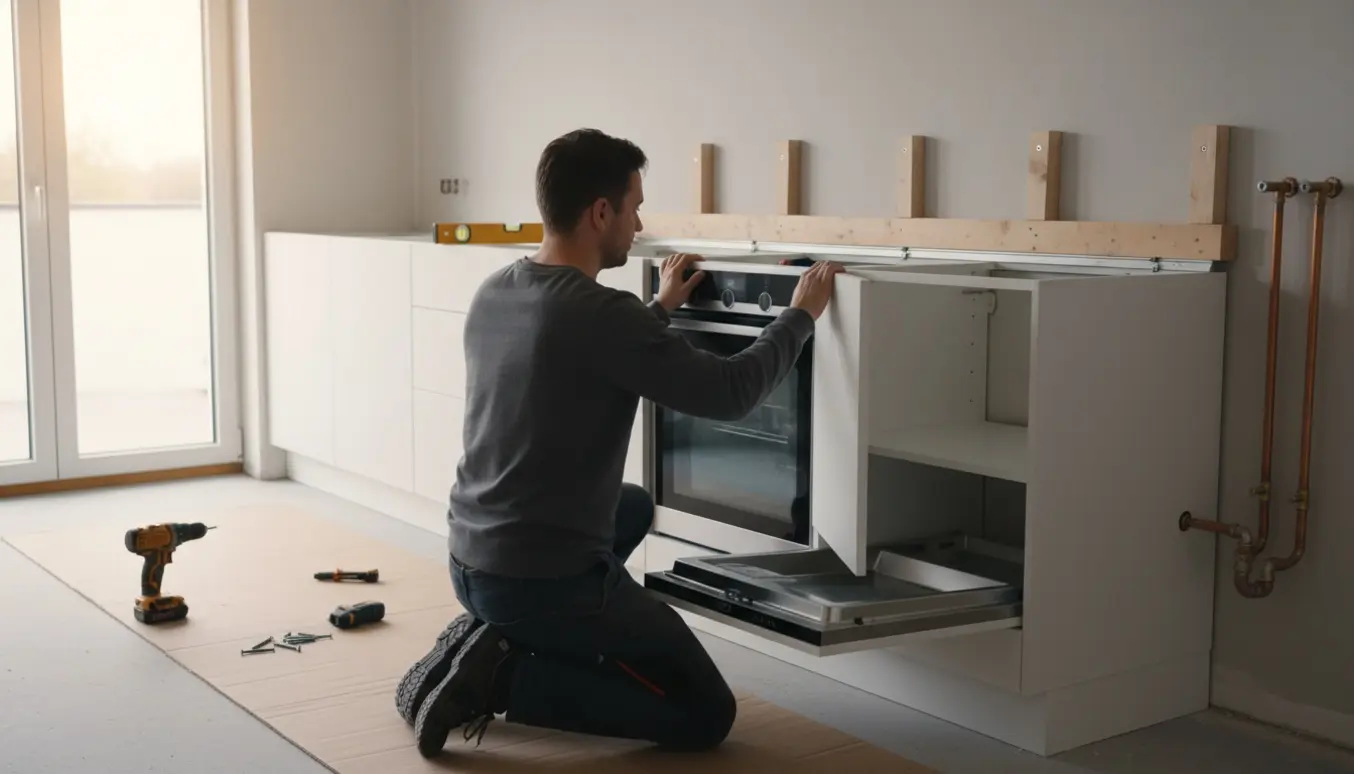 Installatør monterer Epoq-køkkenelementer uden bordplade med træklodser ved væg og integrerede hvidevarer.