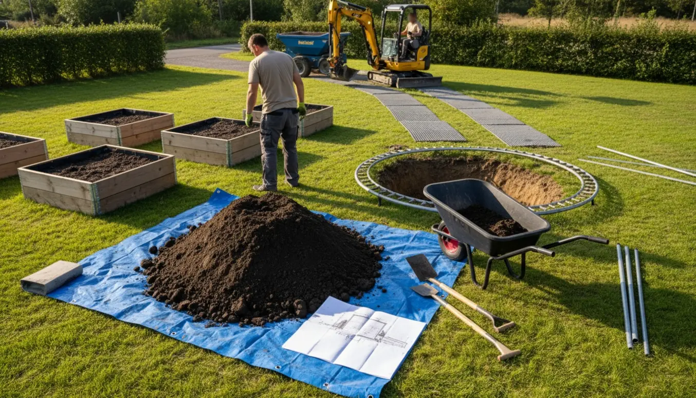 Baghave med nedgravet trampolin under installation ved siden af plantekasser, jordbunker, køreplader og materiel.