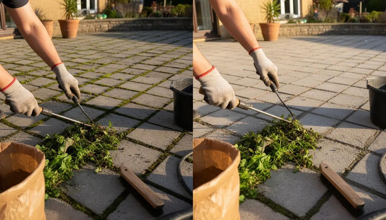 Handskerede hænder fjerner ukrudt mellem fliser på en stor terrasse, med rene fuger og en lille bunke trukket ukrudt.