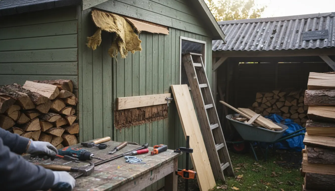 Nærbillede af skurreparation med handsker og værktøj ved rådnet dørbund og haglskadet tag.