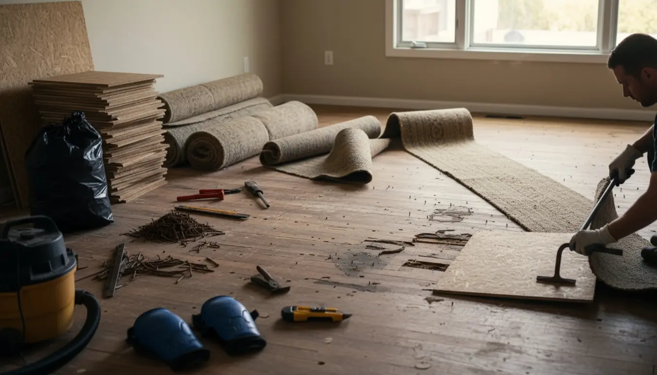 Nærbillede af fjernelse af tæppe, linoleum og masonit med værktøj og bunker af materiel i et oplyst rum.