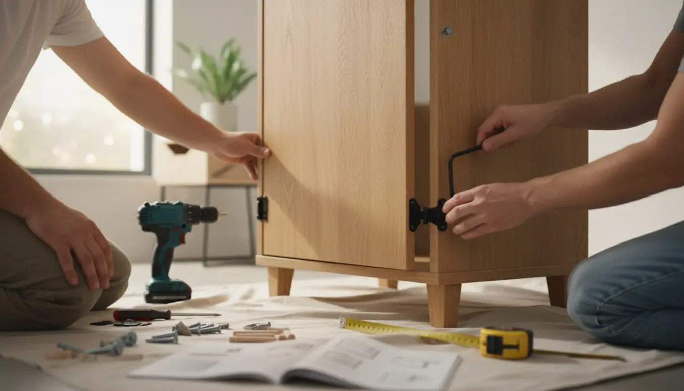 Nogen samler et lille klædeskab med træpaneler, skruer og boremaskine i et lyst soveværelse.