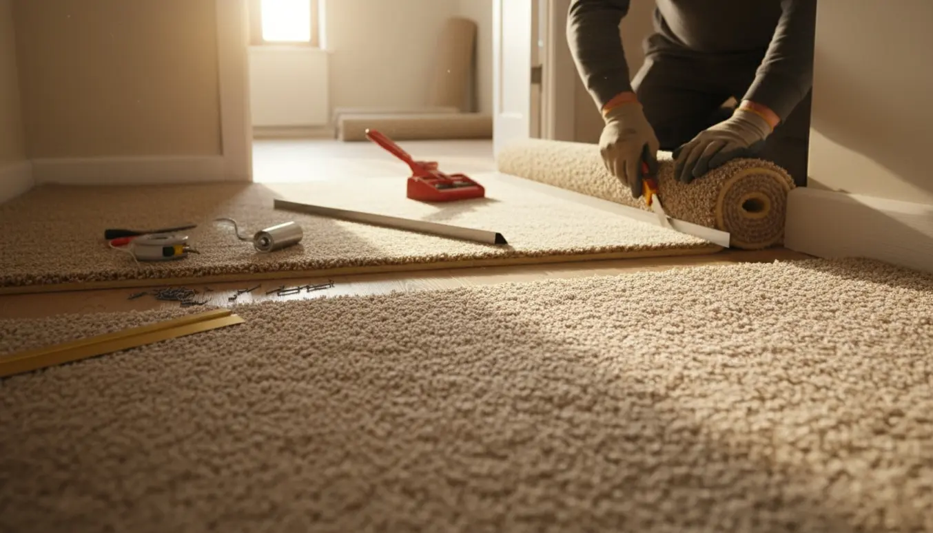 Væg-til-væg tæppe rulles og tilpasses i en entre og tilstødende værelse med værktøj på gulvet.