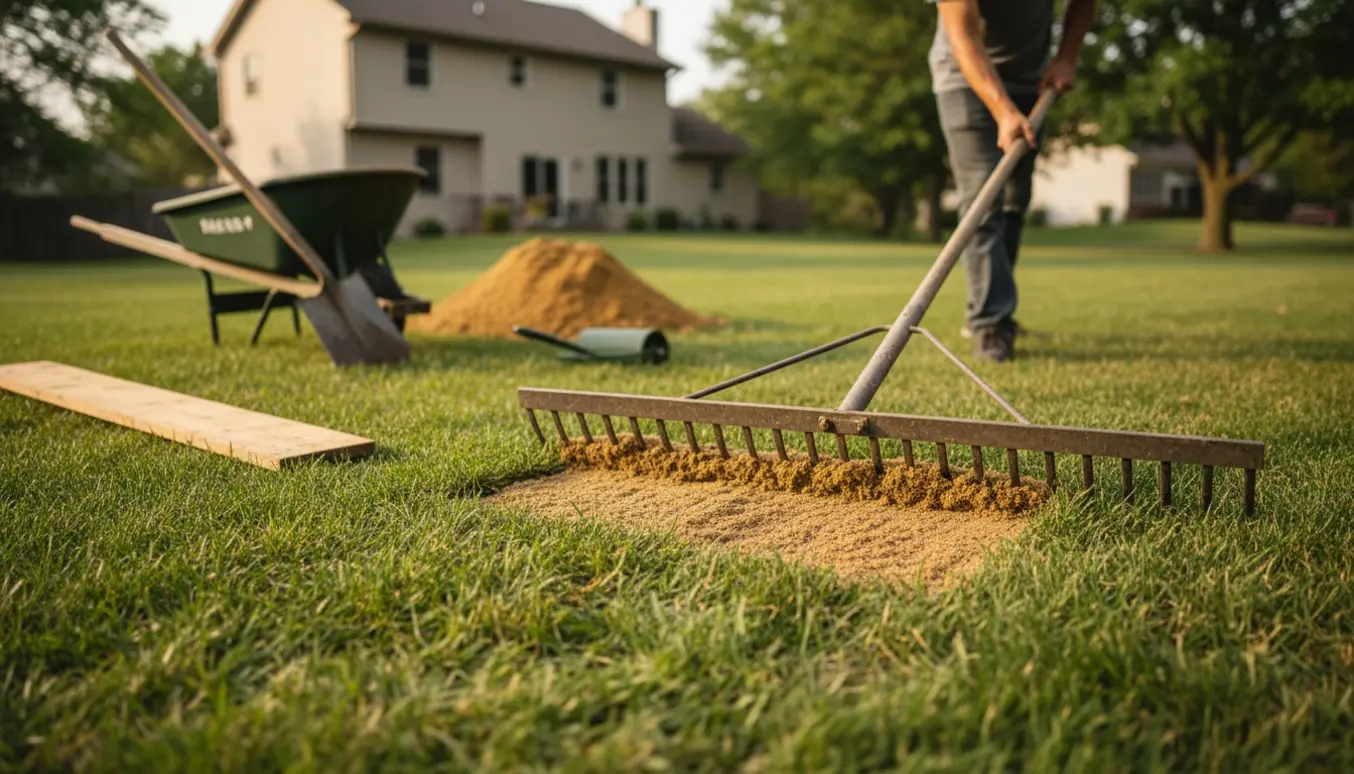 Person udligner og spreder topdressing på en ujævn græsplæne med rive, trillebør og jord.