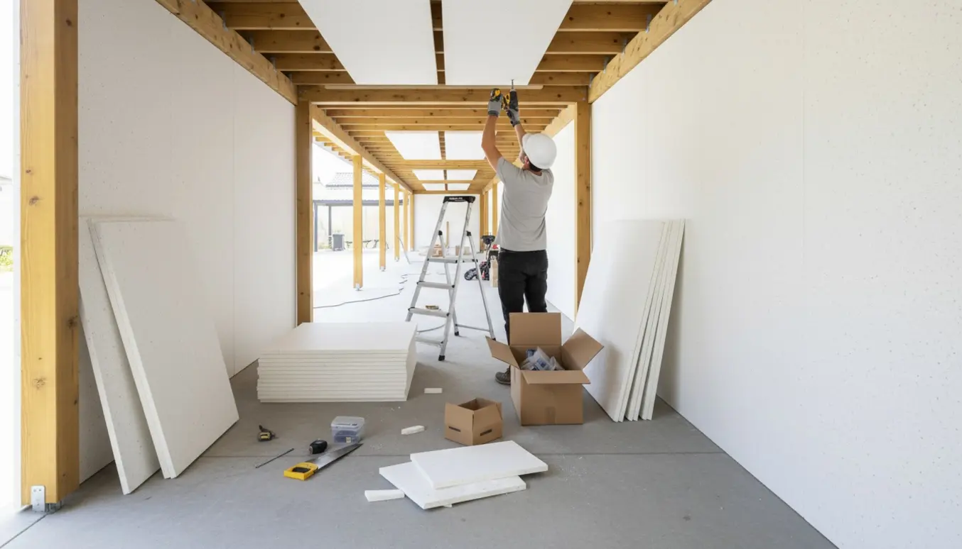 Håndværker monterer hvide akustikplader i en carport med værktøj og materialer samlet omkring.