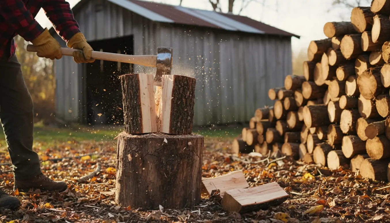 Hænder kløver brænde med en økse på en kløveblok foran en stak brænde.