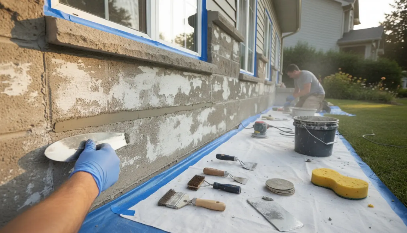 Nærbillede af forberedelse af husets sokkel til maling med spartel, slibemaskine og værktøj.