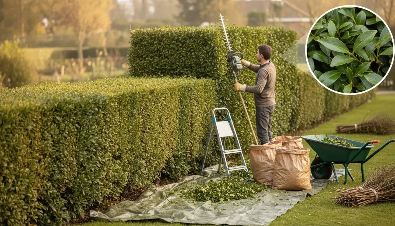 En gartner trimmer tætte ligusterhække, med afklip i en trillebør og haveredskaber ved siden af.