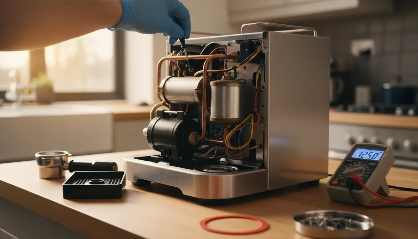 Nærbillede af hænder, der reparerer en åben Sage-kaffemaskine på et køkkenbord med værktøj og reservedele.