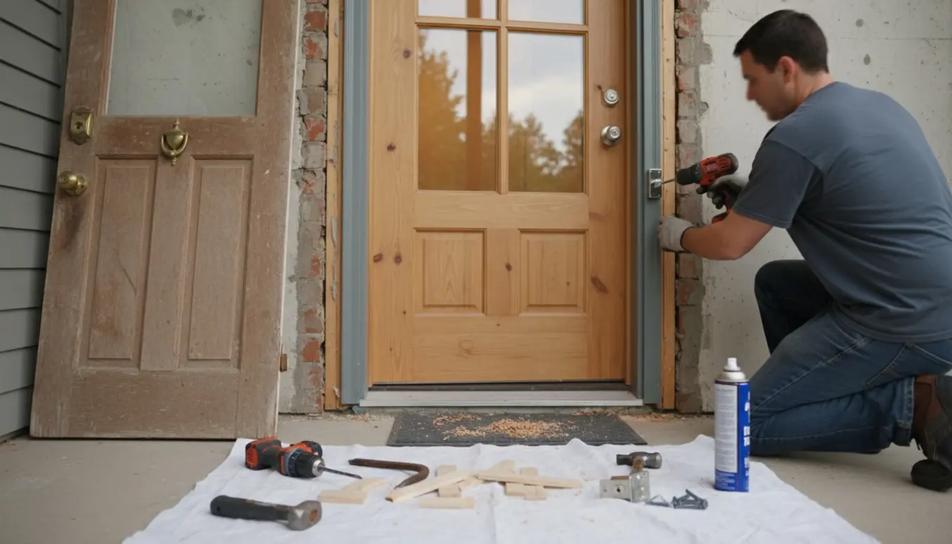 Partielt installeret yderdør med vindue øverst, værktøj og den gamle dør lagt til side.
