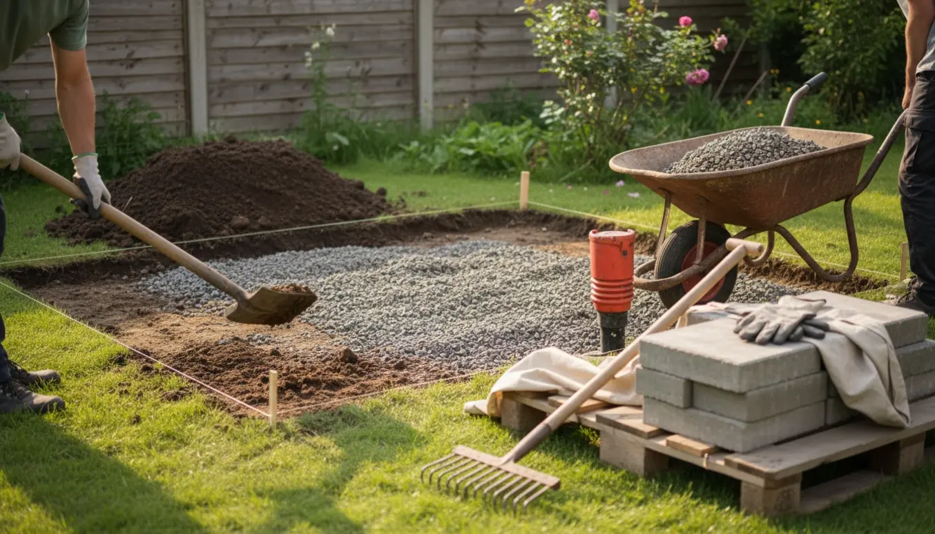 Opgravet baghaveområde på ca. 25 m² med jord- og gruspile og en trillebør klar til bortkørsel, ved siden af en stak fliser.