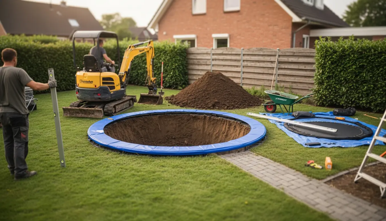 Nedgravet trampolin i et villahavehjørne med minigraver og en høj jord.