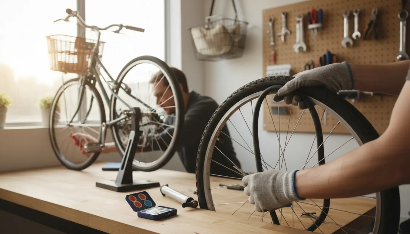 To shopper-cykler på værksted: ny slange i det ene bagdæk og afretning af det andet hjul.
