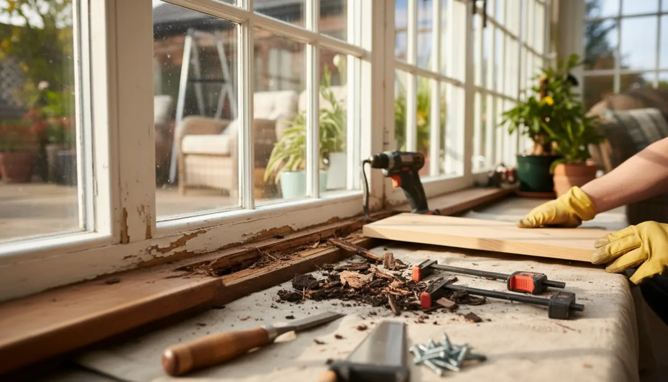 Nærbillede af hænder i handsker, der udskifter rådnet træ i bunden af en udestue med værktøj og nyt træ.