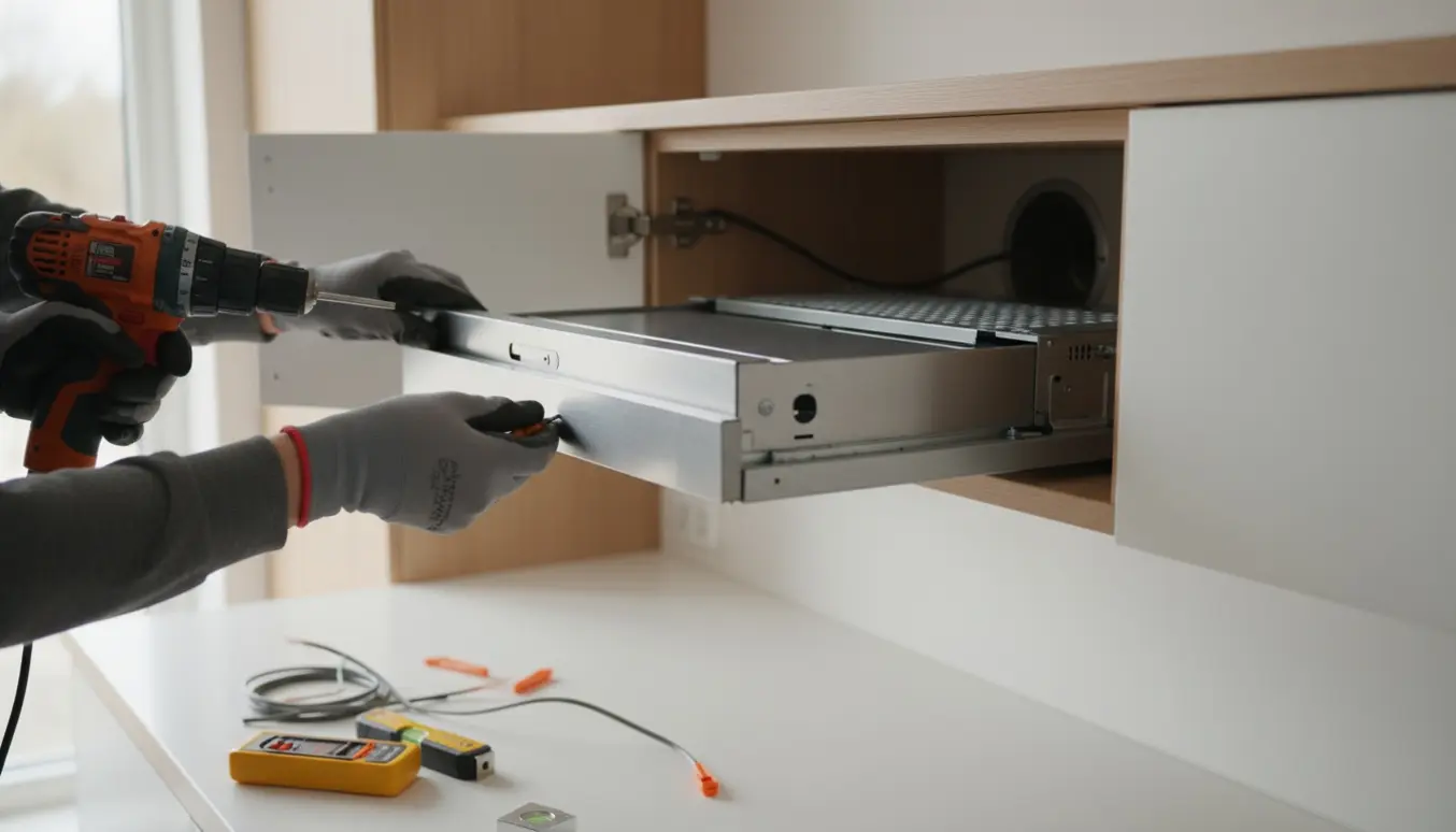 Hænder monterer en ny indbygget emhætte med udtræk i et eksisterende køkkenskab og tilslutter el.