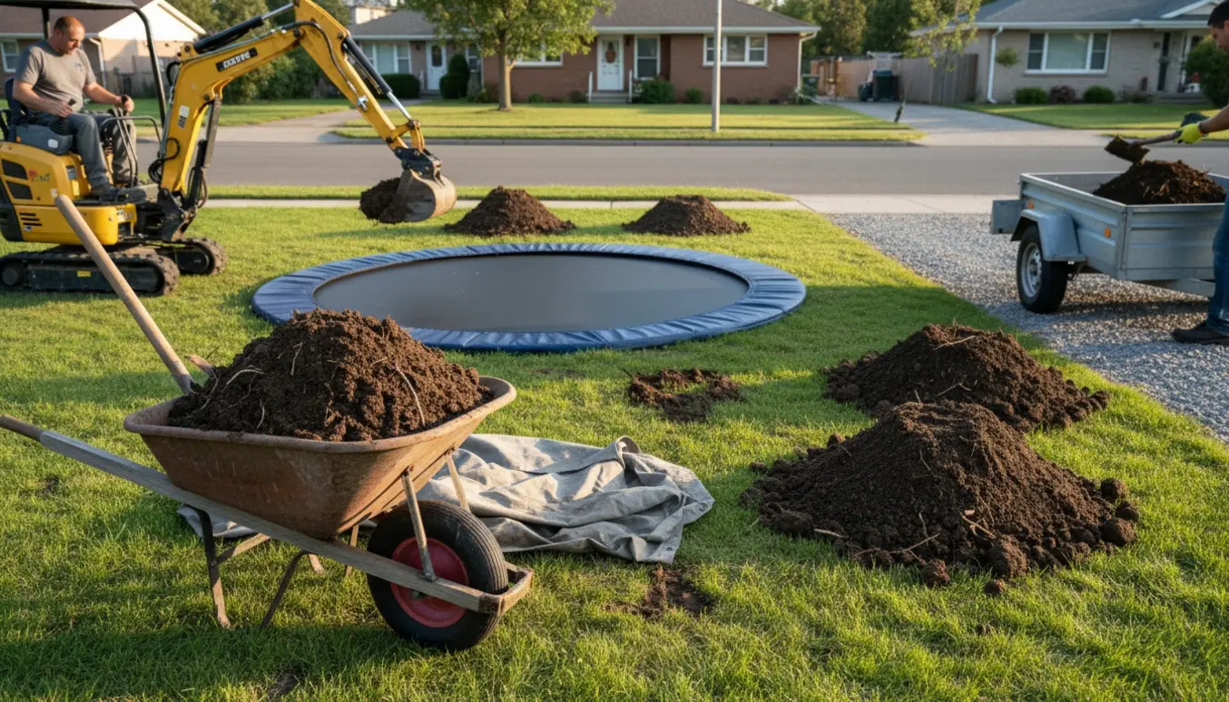Bortkørsel af jord fra en nedgravet trampolin med trillebør, skovle og trailer ved indkørslen.