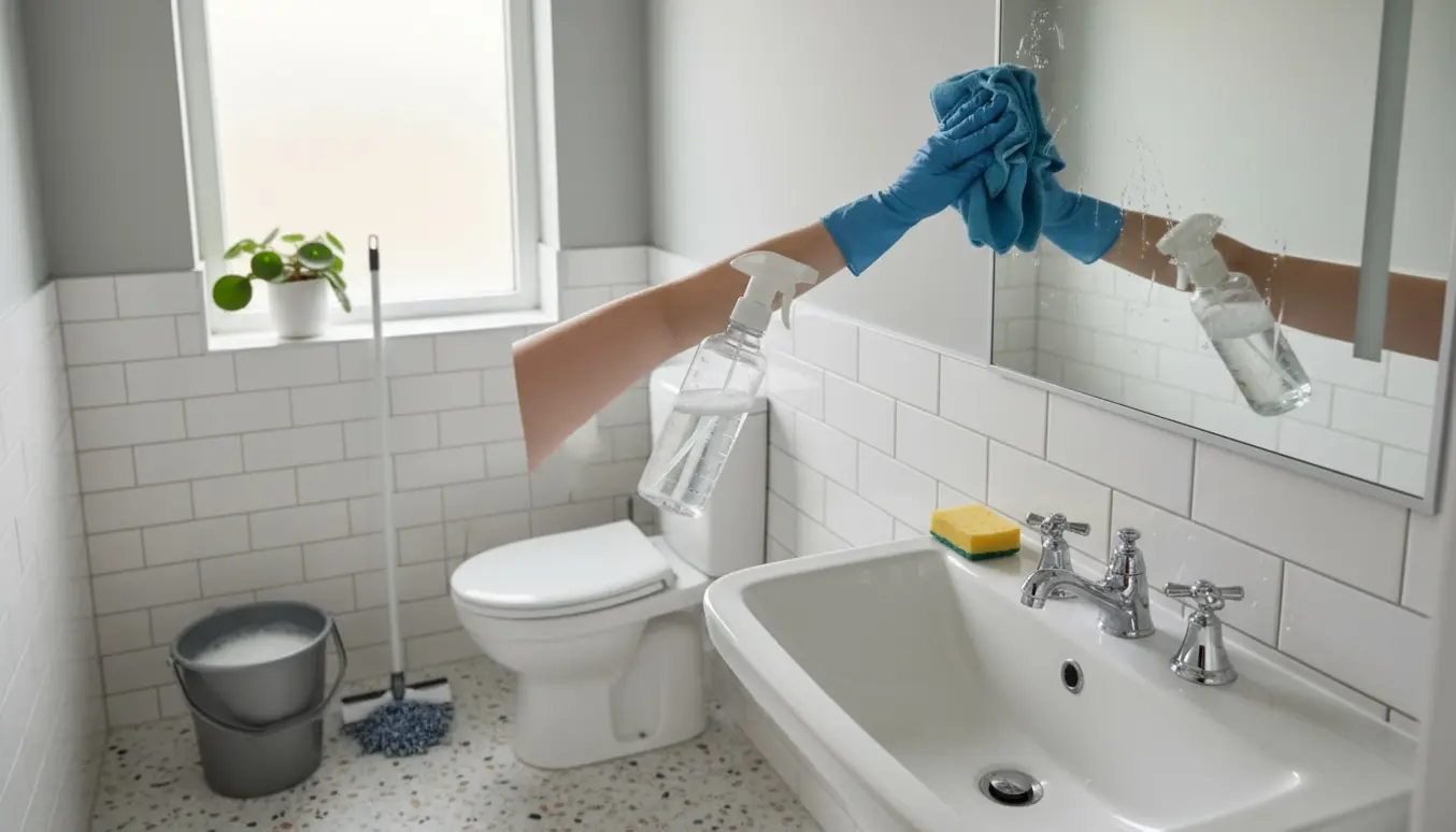 Et lille 3 m² badeværelse med fliser, terrazzo-gulv, håndvask og toilet under rengøring, hvor handsker og en klud pudser spejlet.