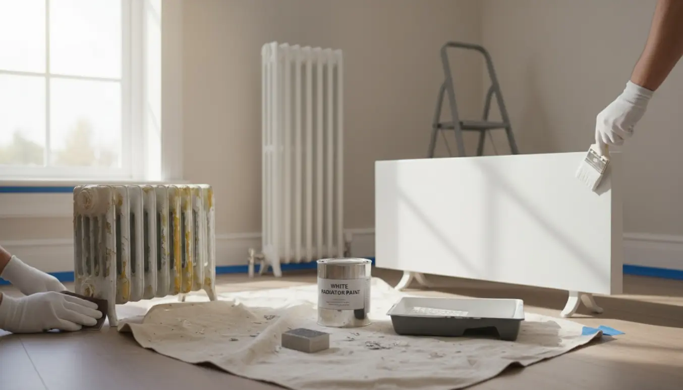 Tre radiatorer i forskellige størrelser bliver slebet og malet hvide i et lyst rum.