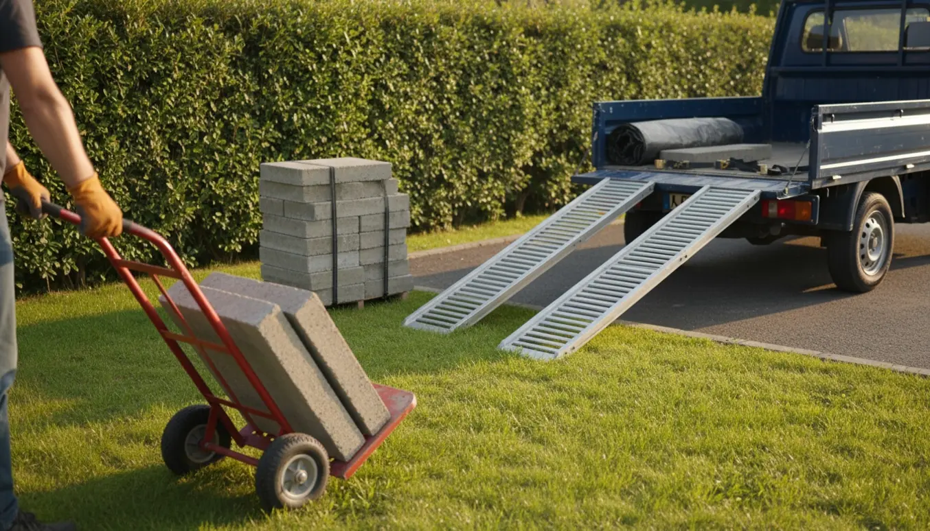 Stak fliser på græs ved en hæk klar til afhentning, med pickup og læsserampe i baggrunden.