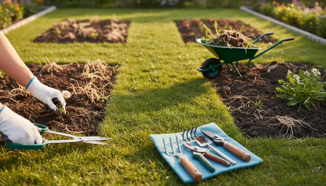 Nærbillede af en lille græsplæne hvor bede graves op og ukrudt trækkes op med haveredskaber.