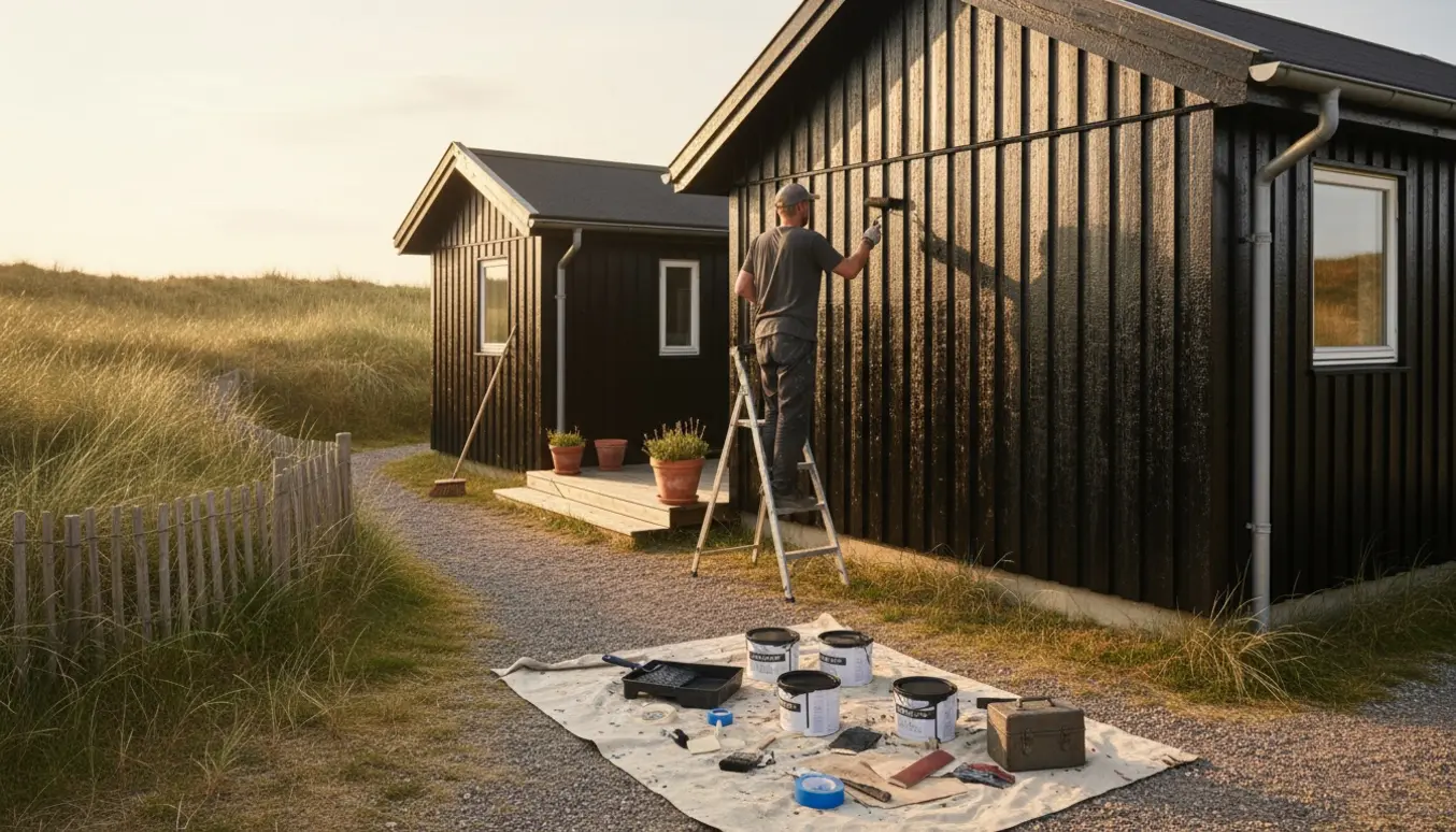 Sort træsommerhus, en maler på stige maler facaden med pensel og rulle foran et lille skur.