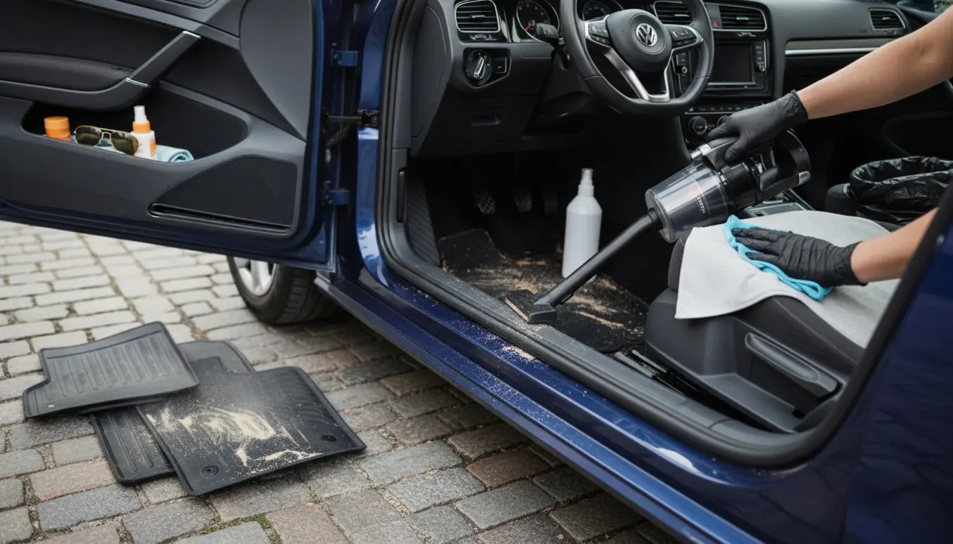 Nærbillede af indvendig bilrengøring, hvor gulvet støvsuges og måtter renses, mens sæderne forbliver ubehandlede.