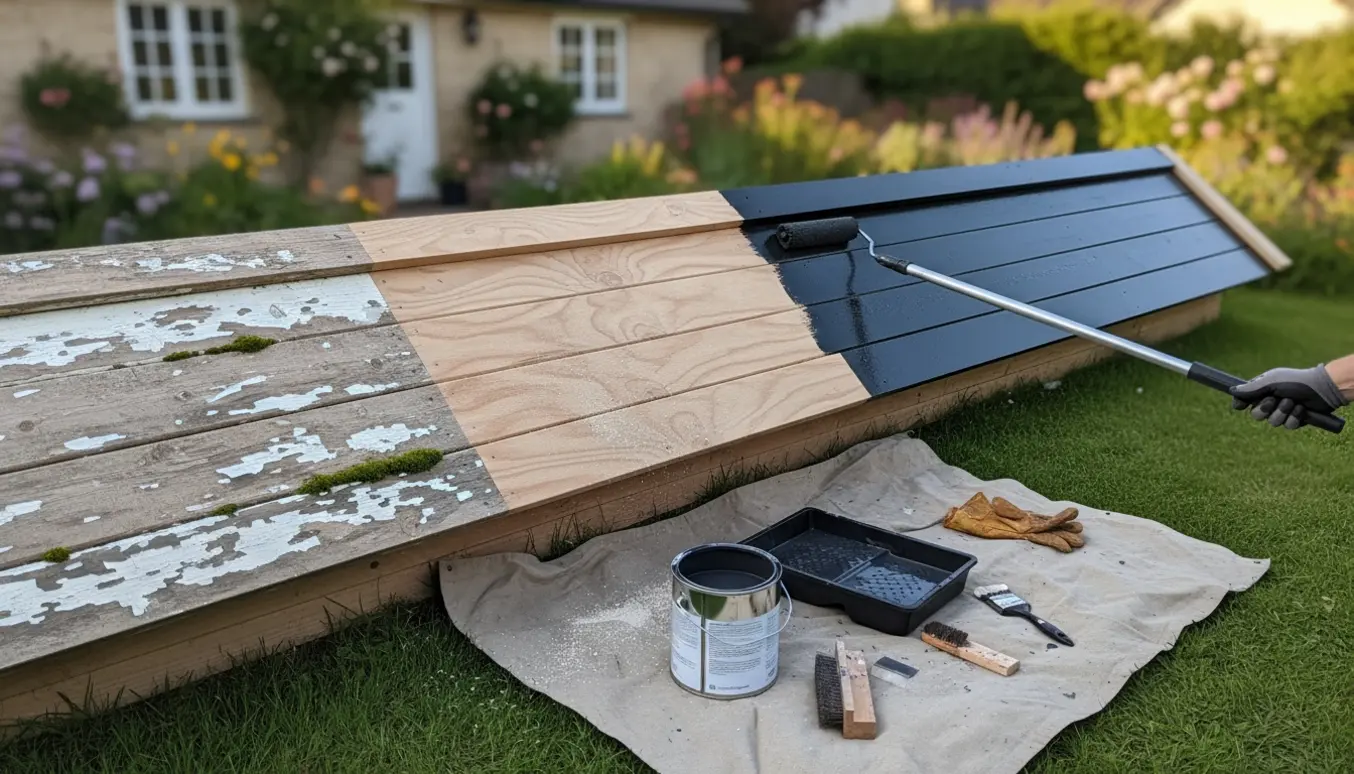 Hænder maler tre vindskeder på et træ-sommerhus; en er afskallet, en er slebet, og en er nymalet i ibenholtfarve.