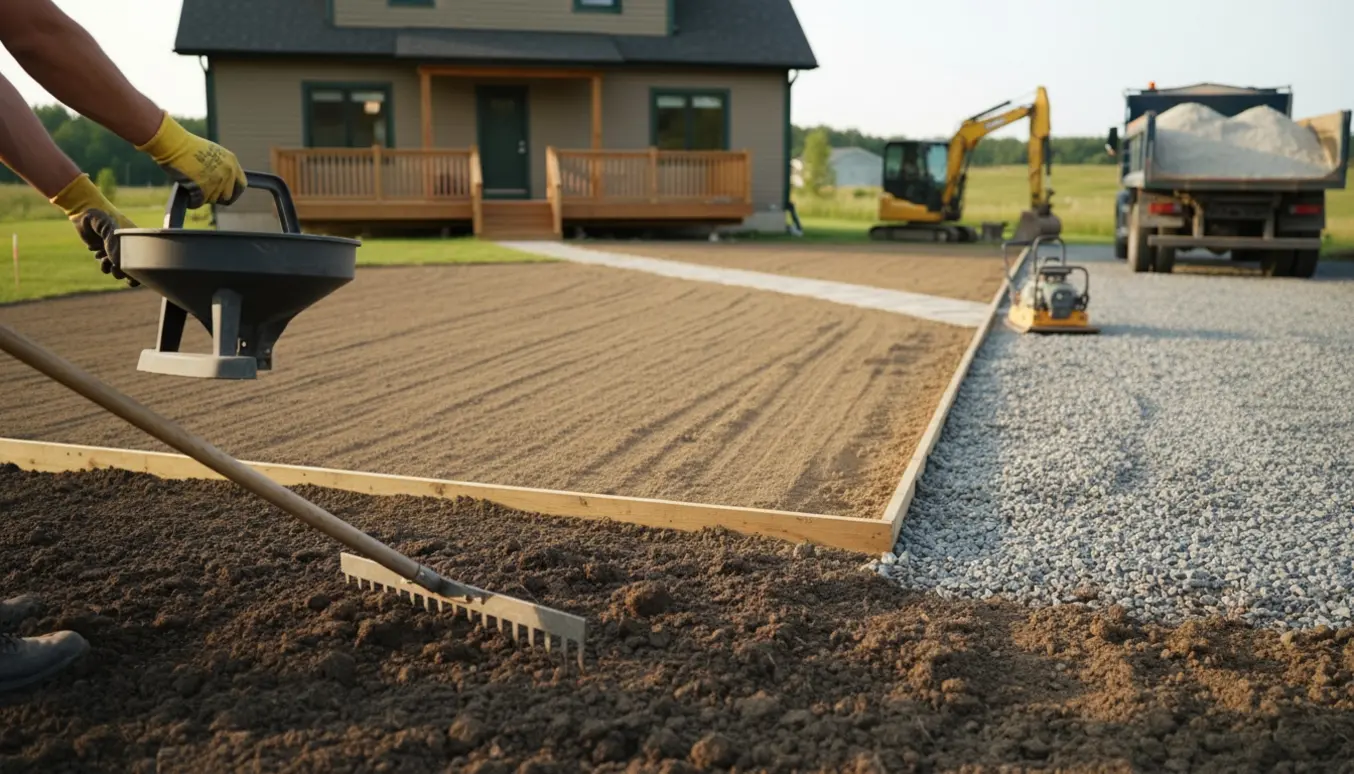 Nyplaneret grund med fræset jord, ny grusindkørsel, flisegang og træterrasse i baggrunden.