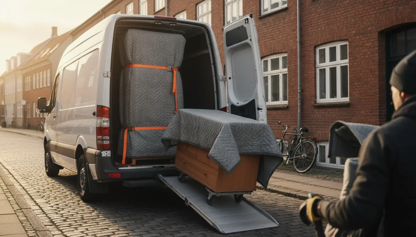 Åben flyttebil med et indpakket skab og en kommode på dolly klar til transport.