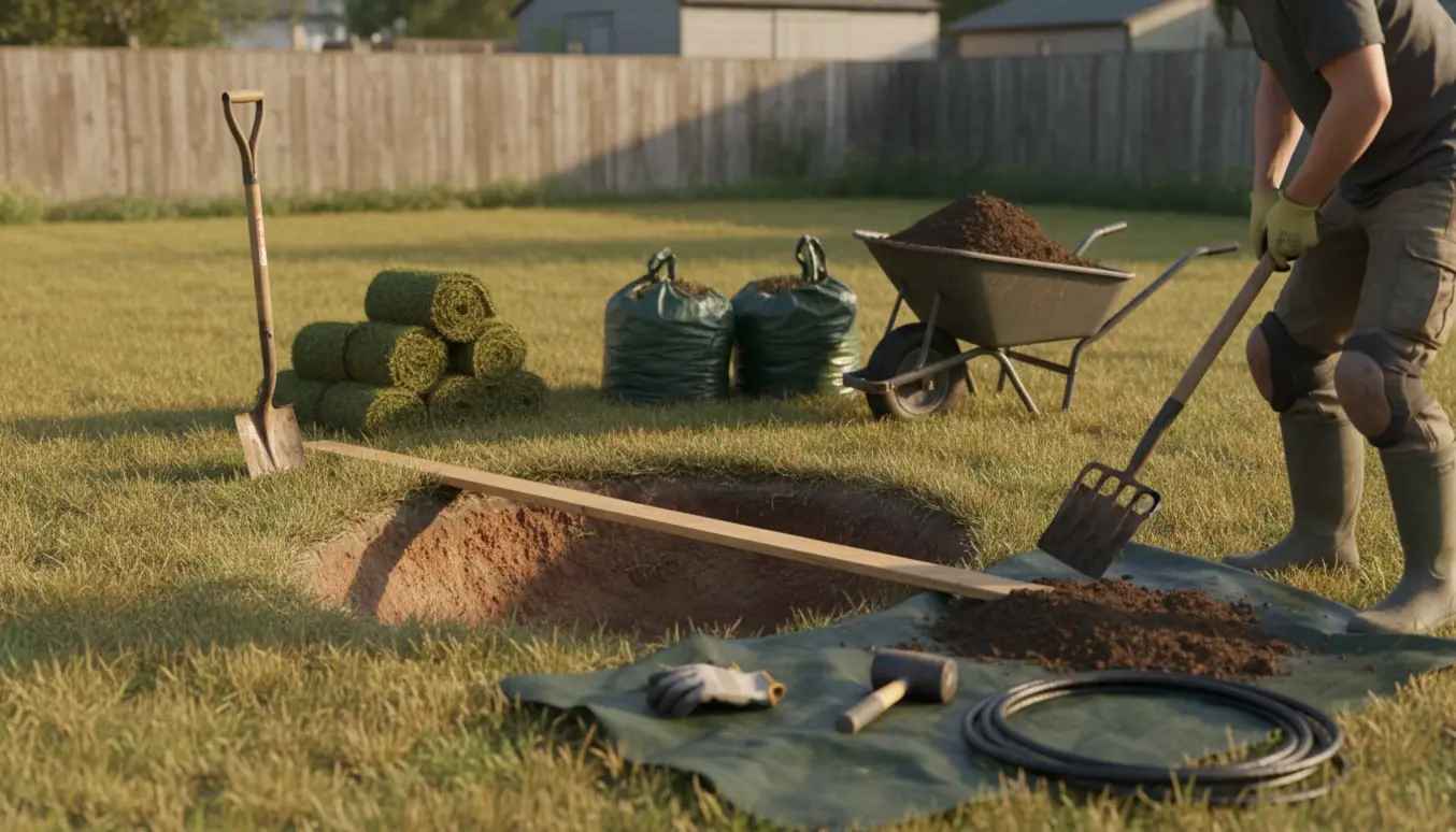 Baghave med cirkulært udgravet hul til nedgravet trampolin, jord i trillebør og sække til bortskaffelse.